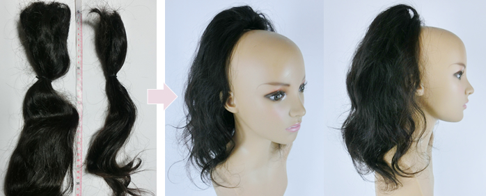 自毛で作るヘアピース ポニーテールタイプ製作例　40㎝のくせ毛ロングポニーテール